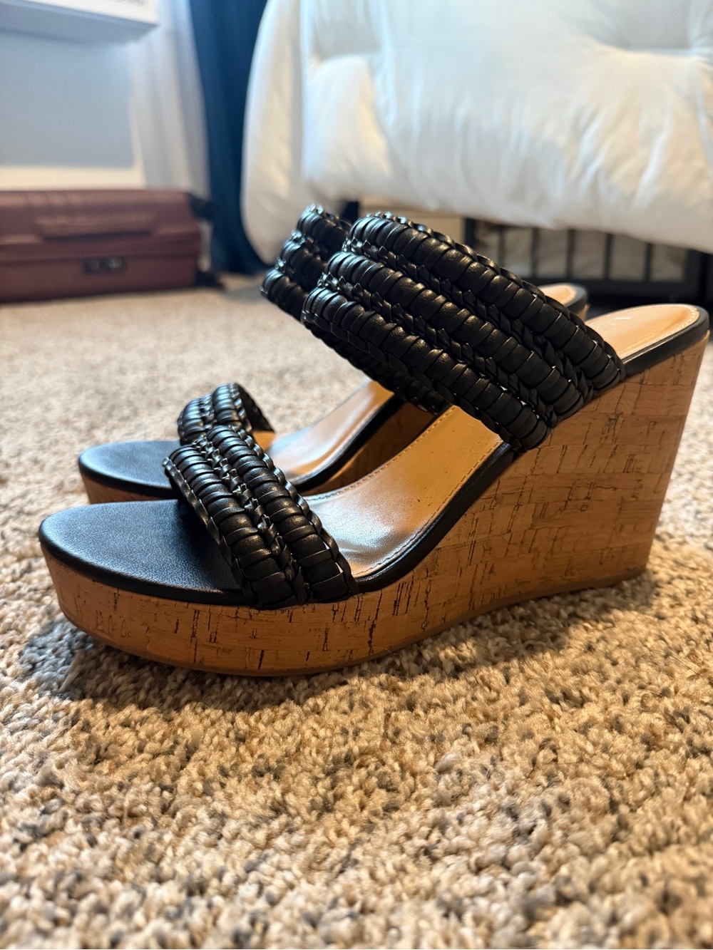 LC Lauren Conrad Black Woven Double-Strap Cork Wedge Sandals
